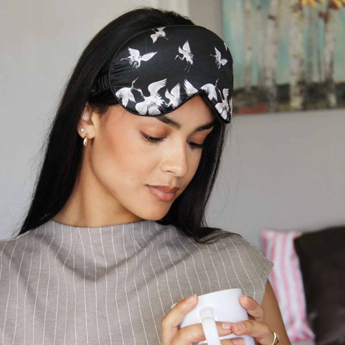 Cloud Padded Satin Sleep Mask - Moonlit Cranes Print - Image 4